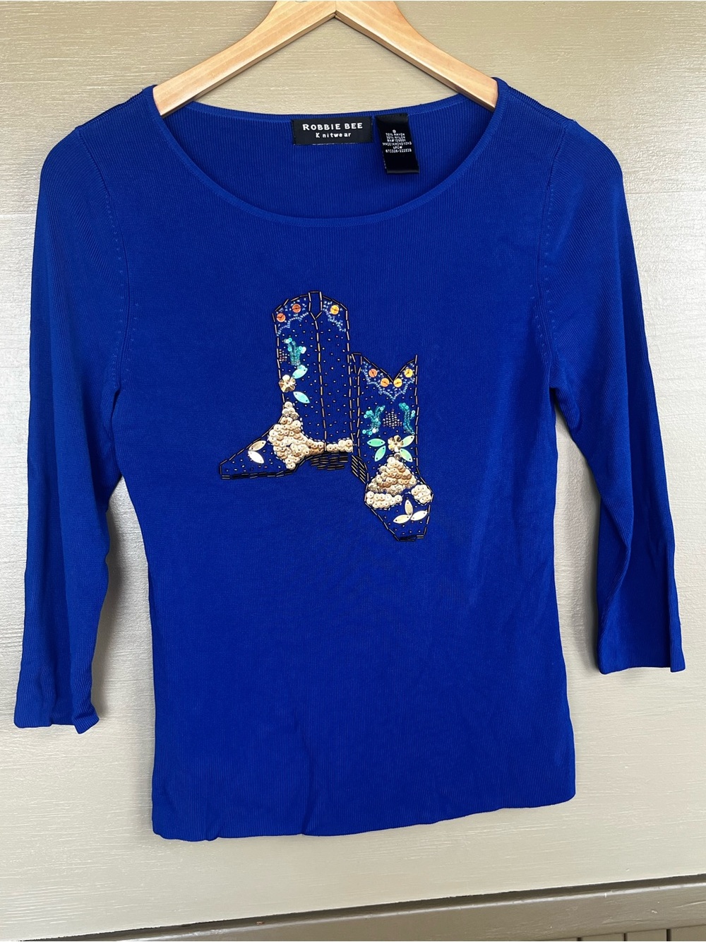 Robbie Bee Knitwear Beaded Sequins Cowboy Boot 3/4 sleeve top Small
